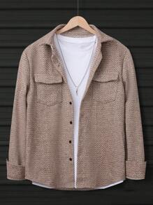 Manfinity Homme Men's Solid Color Pocketed Front Button Casual Long Sleeve Shacket - Coffee Brown - View 3