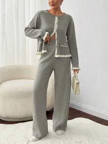 RueChic 2pcs Women's Autumn/Winter Ruffled Ribbed Long Sleeve Sweater And Long Pants Set - Grey - View 1