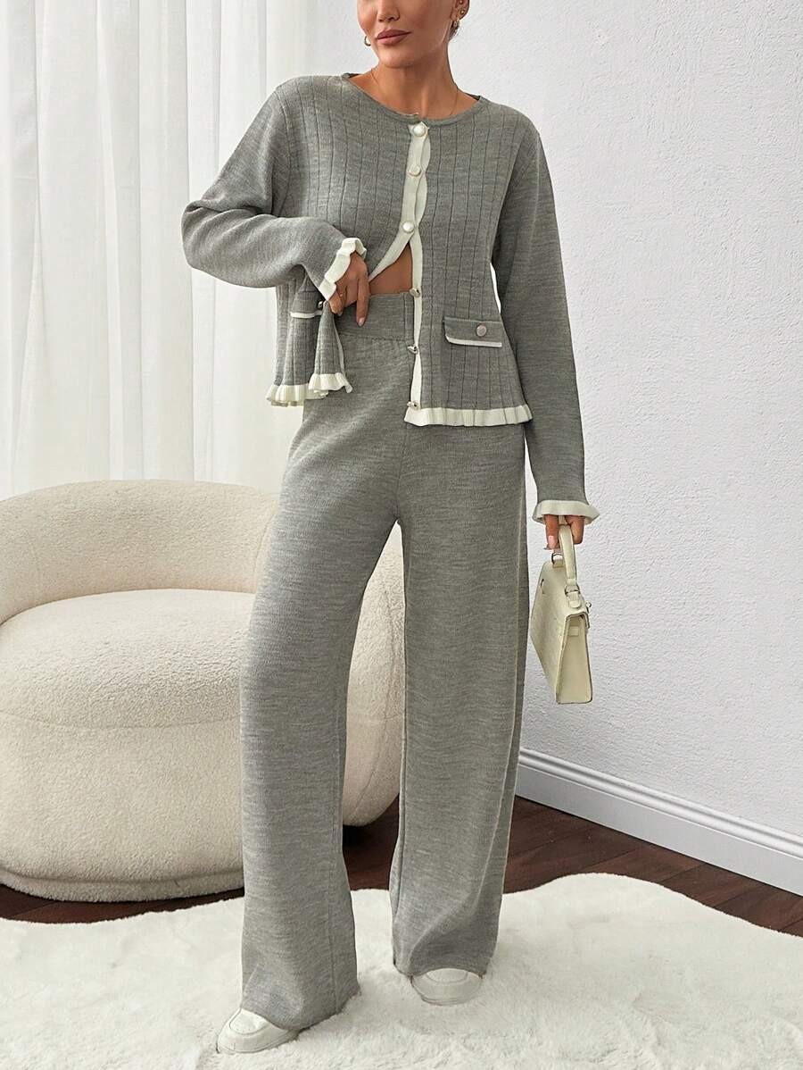 RueChic 2pcs Women's Autumn/Winter Ruffled Ribbed Long Sleeve Sweater And Long Pants Set - Grey - View 1