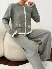 RueChic 2pcs Women's Autumn/Winter Ruffled Ribbed Long Sleeve Sweater And Long Pants Set - Grey - View 7