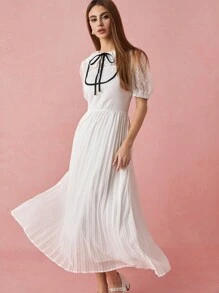 Enchnt 春冬浪漫女士蝴蝶结花卉蕾丝泡泡袖褶边长公主裙，甜美优雅，适合情人节、生日派对、节日、甜蜜约会之夜、鸡尾酒会和舞会 - 白色 - 查看 2