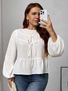 SHEIN Frenchy 大码女式纯色前系带灯笼袖休闲衬衫，秋季