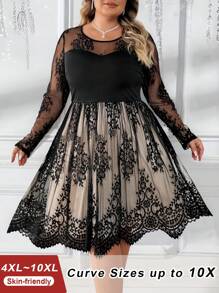 SHEIN CURVE+ Vestido de encaje negro de talla grande para mujer de línea A elegante para otoño e invierno - Multicolor - Ver 1