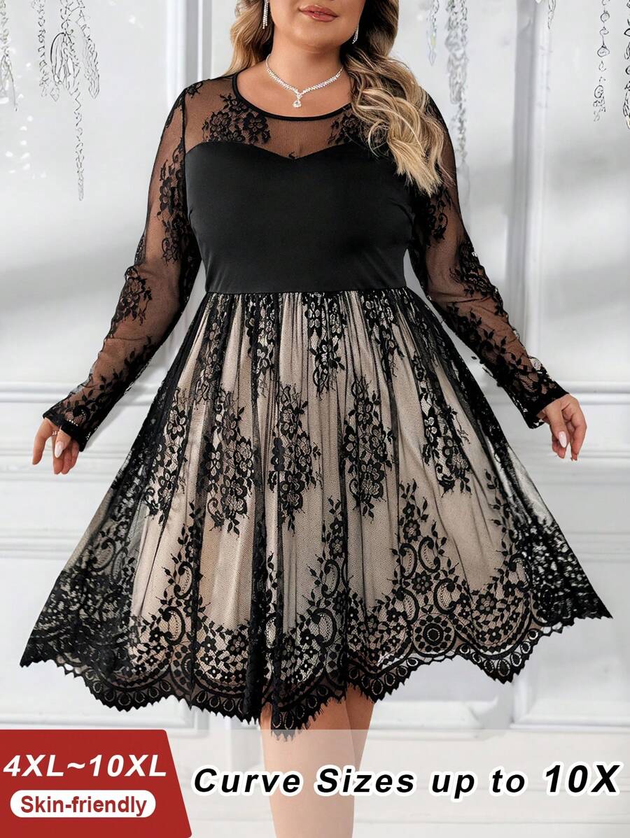 SHEIN CURVE+ Vestido de encaje negro de talla grande para mujer de línea A elegante para otoño e invierno - Multicolor - Ver 1