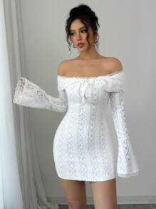 Chiquease 女士对比色蕾丝露肩长袖前系带优雅短裙、蕾丝派对礼服、露肩连衣裙 - 白色 - 查看 3