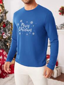 Manfinity NXTstreet Camiseta de manga larga casual de cuello redondo ajustada para hombres, adecuada para otoño, Navidad, parejas, familia, fiesta - Azul - Ver 5