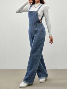 EURMUSE Casual Washed Loose Straight Leg Bib Overall Jeans - Dark Wash - View 6