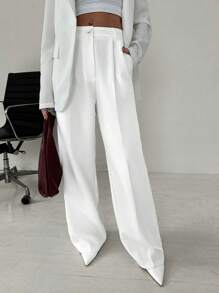 SHEIN Tall Women's Solid Seam Slant Pocket Casual Wide Leg Pants - White - View 1