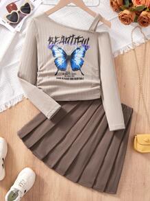 Tween Girl Specialty Knit Side Strap Top And Pleated A-Line Skirt 2 Pieces Set, Autumn - Khaki - View 1