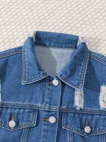 Tween Girls Y2K Style Casual Distressed Cropped Jacket & Drawstring Waist Denim Skirt 2 Pieces Set - Medium Wash - View 3