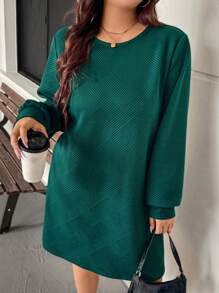 SHEIN LUNE Vestido midi informal de talla grande de unicolor y texturizado, nuevo atuendo de otoño y año nuevo para mujeres, vestido verde, vestidos de invierno para mujeres - Verde - Ver 3