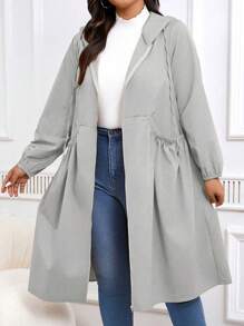 SHEIN LUNE Plus Size Solid Color Drawstring Hooded Coat, Casual Autumn