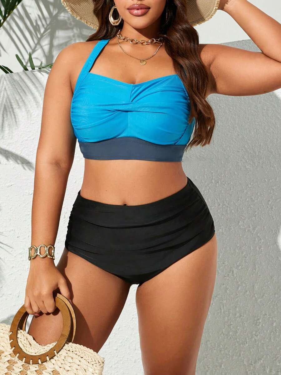 SHEIN Swim Curve Maillot de bain grande taille pour femmes avec twist color-block taille haute, parfait pour l'été