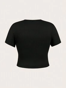 SHEIN Comfortcana Plusstorlek Dam Sommar Enfärgad Rund Hals Kortärmad Tight Beskuren Topp - Svart - Visa 2