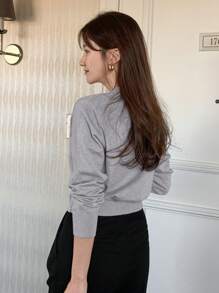 DAZY 女士圆领宽松基本款针织毛衣、长袖上衣、秋装 - 淺灰色 - 查看 7