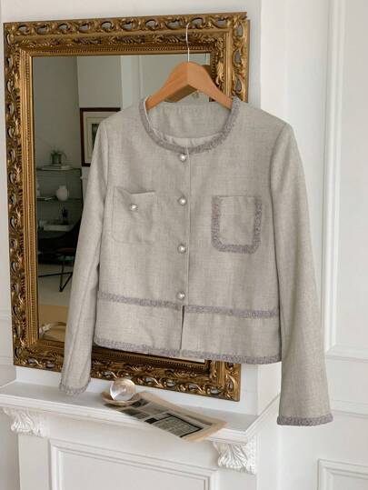 DAZY Women's Casual Round Neck Single-Breasted Double Pocket Blazer Jacket, For Autumn Business Attire