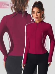 Women High Neck Tight Fit Sexy Jacket, Workout Yoga Fitness Outdoor Casual Long Sleeve Turtleneck Tight Top - Burgundy - View 1