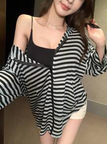DAZY Women's Striped Open Front Cruise Holiday Loose T-Shirt,Fall Clothes