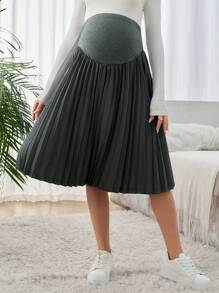 SHEIN Pregnant Women Casual Solid Color Patchwork Pleat Skirt, Everyday Wear - Grey - View 5