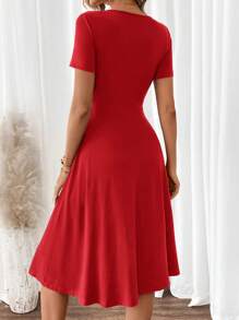 SHEIN Clasi 女士优雅 V 领短袖 A 字形绿色连衣裙 - 紅色 - 查看 2