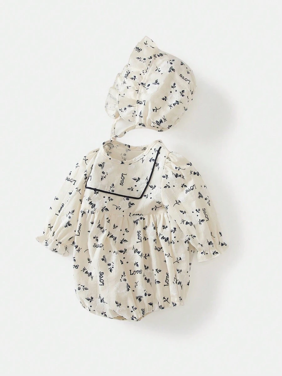 SHEIN 女婴小碎花包包放屁衣服婴儿时尚三角连体衣 - 米色 - 查看 1