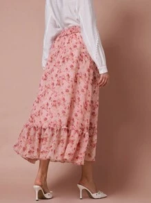 Enchnt Rose Pink Elegant Autumn Tea Party Women's Floral All-Over Print Ruffles Gathered A-Line Casual Skirt,For Valentine's Day& Dinner Dates,Spring - Pink - View 7
