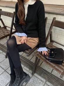 FRIFUL Damen Lässig gestreifte Patchwork Strickjacke, Herbst/Winter - Schwarz - Übersicht 4