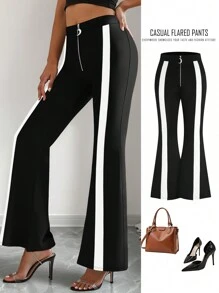 SHEIN LUNE Plus Size Vrouwen Contrasterende Kleur Blok Zip-Up Flare Broek