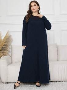 Lacomfia Vestido largo casual de talla grande con bloques de color y parches para el otoño