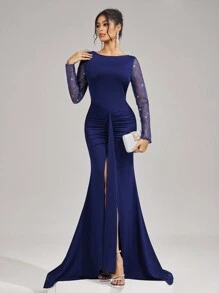 SHEIN Belle 女士优雅纯色长袖礼服，简约别致休闲日常礼服，情人节鸡尾酒礼服，晚会正式派对礼服，秋冬季撞色网眼长袖伴娘礼服，婚礼宾客礼服