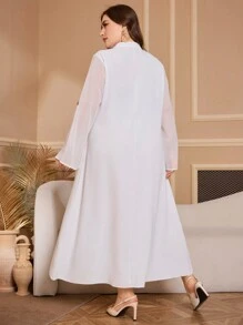 Lacomfia Plus Size Elegant Retro Patchwork Chiffon Position Floral Dress - White - View 2