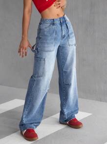 SHEIN EZwear Women's Casual Washed Straight Leg Cargo Jeans