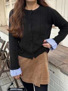 FRIFUL Damen Lässig gestreifte Patchwork Strickjacke, Herbst/Winter - Schwarz - Übersicht 3