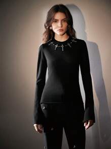 Anewsta 优雅圆领水钻装饰针织喇叭袖保暖毛衣，柔软针织 T 恤，适合秋冬季