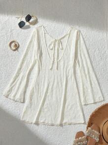 SHEIN MOD 女士杏色蕾丝喇叭袖沙滩罩衫、海滩度假装、新年装、情人节装、女士泳衣、女士度假装、女士巡航装 - 杏色 - 查看 1