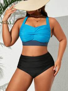 SHEIN Swim Curve Maillot de bain grande taille pour femmes avec twist color-block taille haute, parfait pour l'été