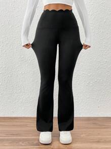 SHEIN Essnce Pantalones de mujer informales pantalón con pierna de campana, unicolor de cintura ancha, pantalones negros, jeans acampanados