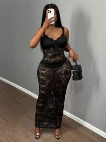 Slaydiva 优雅性感黑色无袖蕾丝透明长裙，适合派对、约会、情人节、加大码 - 黑色 - 查看 7