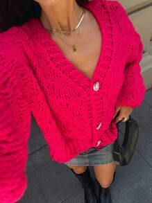 Forever 21 Winter Clothes For Women V-Neck Long Sleeve Cropped Casual Warm Cardigan, Versatile, Autumn/Winter Y2k Clothes Sweaters For Women Christmas Sweater Long Sleeve Tops New Years Women Christmas Sweater Women - Red - View 7