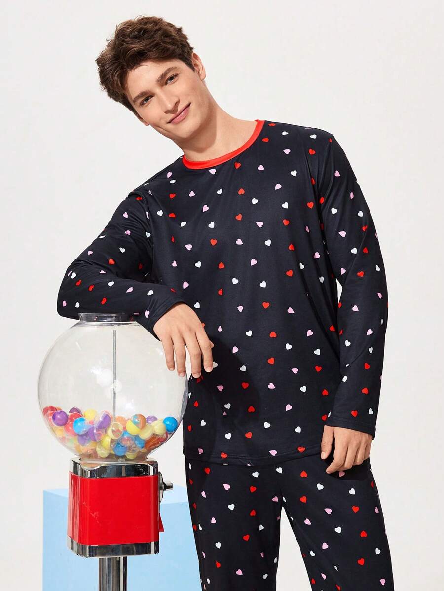Heart Pattern Men's Crew Neck Long Sleeve Sweatshirt And Pants Pajamas Set - Black - View 1