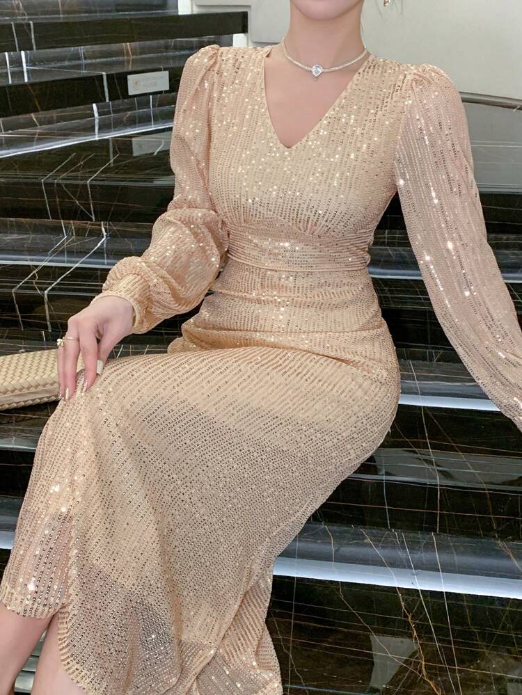 V-Neck Sequin Embellished Mid-Length Dress For Women, Suitable For Parties, Dates Prom Dress,Back To School Clothes,Fall Dress Long Sleeve Dress Luxury Elegant Women Dresses New Year Eve Dress Carnival Sparkly Dress