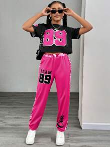 2pcs/Set Teen Girl Round Neck Short Sleeve Numeric Print Simple Top And Long Pants Outfit - Multicolor - View 1