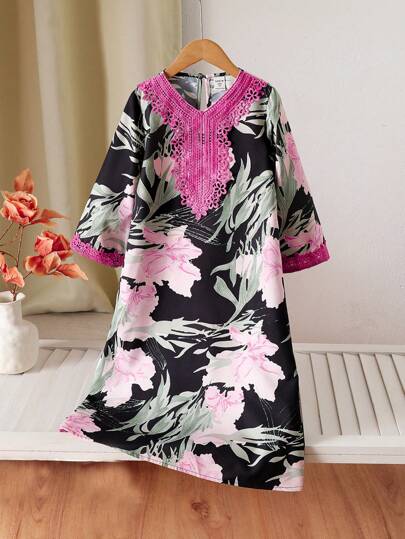 SHEIN Mommy And Me Matching Sets (2pcs Sold Separately)Young Girls Large Floral Print Dress, Suitable For Vacation, Outdoor, And Daily Wear