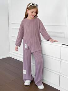 SHEIN 2 pezzi set da ragazza pre-adolescente composto da maglia girocollo ampia con costine e tinta unita, con applicazioni, e pantaloni abbinati con vita elastica, adatto per uso quotidiano, casual, scuola, colore rosa antico