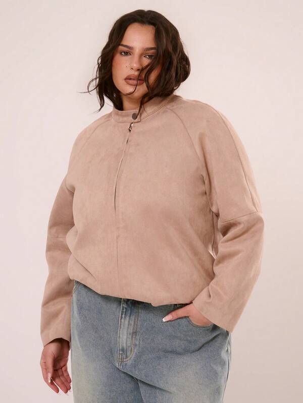 MUSERA Plus Size Faux Suede Exposed Seam Long Sleeve Jacket For Holiday,Streetwear, Evert Day, Casual, Holiday Autumn Winter Fall