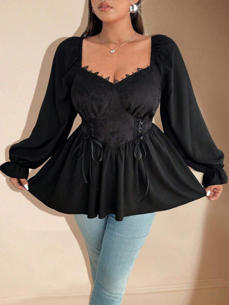 Flirla 大码女式甜心领荷叶边长袖系腰蝴蝶结装饰提花拼接休闲衬衫荷叶边上衣 - 黑色 - 查看 1