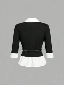 SHEIN MOD 黑白撞色 V 领中袖翻领女士休闲商务学院衬衫，二合一，配腰带，长款女士衬衫，优雅商务衬衫 - 黑與白 - 查看 2