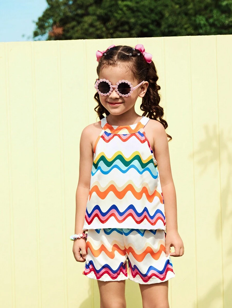 SHEIN Young Girl' Cute Funny Gradient Print Halter Neck Top And Shorts 2 Pieces Set - Multicolor - View 1