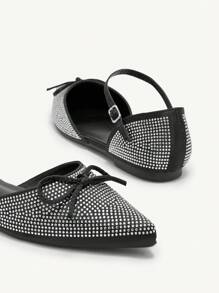 CUCCOO CHICEST Women's Black Satin Pointy Toe Rhinestone Flat Slip-On Shoes Spring Shoes Spring Break Easter - Black - View 9