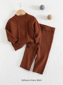 Cozy Pixies 2pcs/Set Toddler Coffee/Camel Solid Color Soft Knit Cable Round Neck Long Sleeve Sweater & Pants Set, Warm & Elegant British Style For Baby Boy/Girl, Casual/Outdoor/Homewear - Brown - View 1